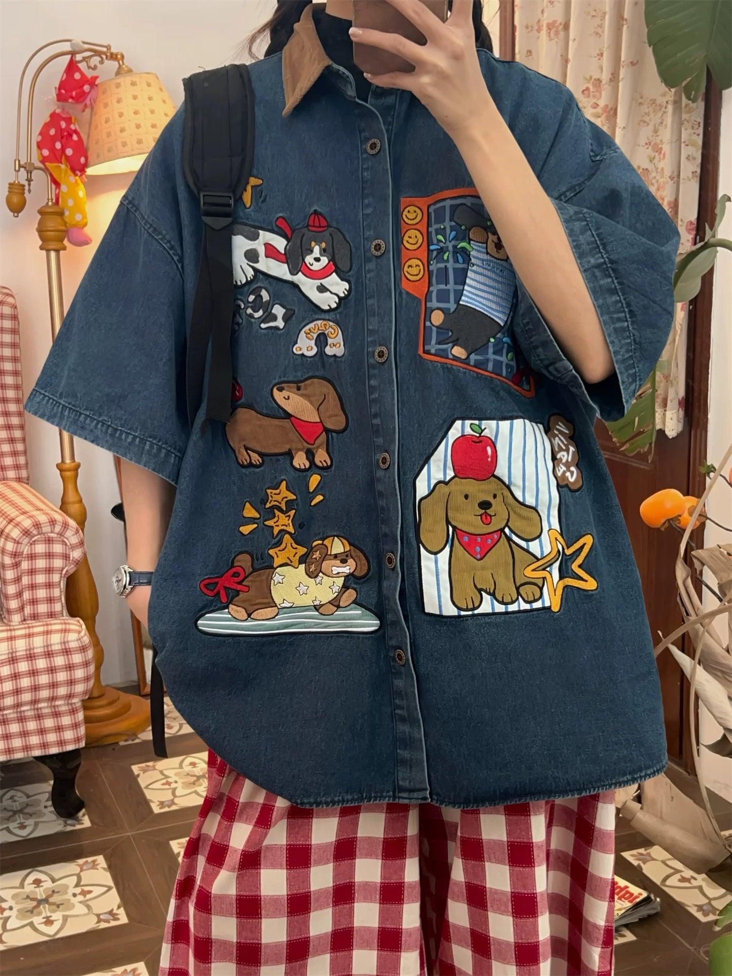 embroidered retro denim short-sleeved shirt trendy brand loose niche fun short-sleeved top