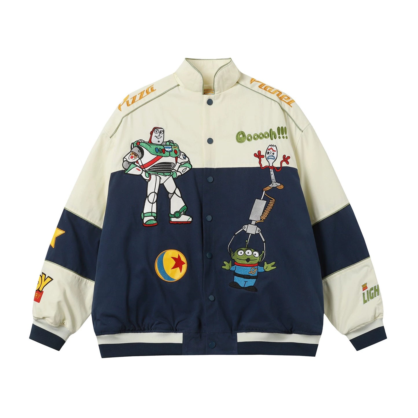 Retro childlike cartoon heavy embroidery contrast color unisex couple loose cotton coat jacket