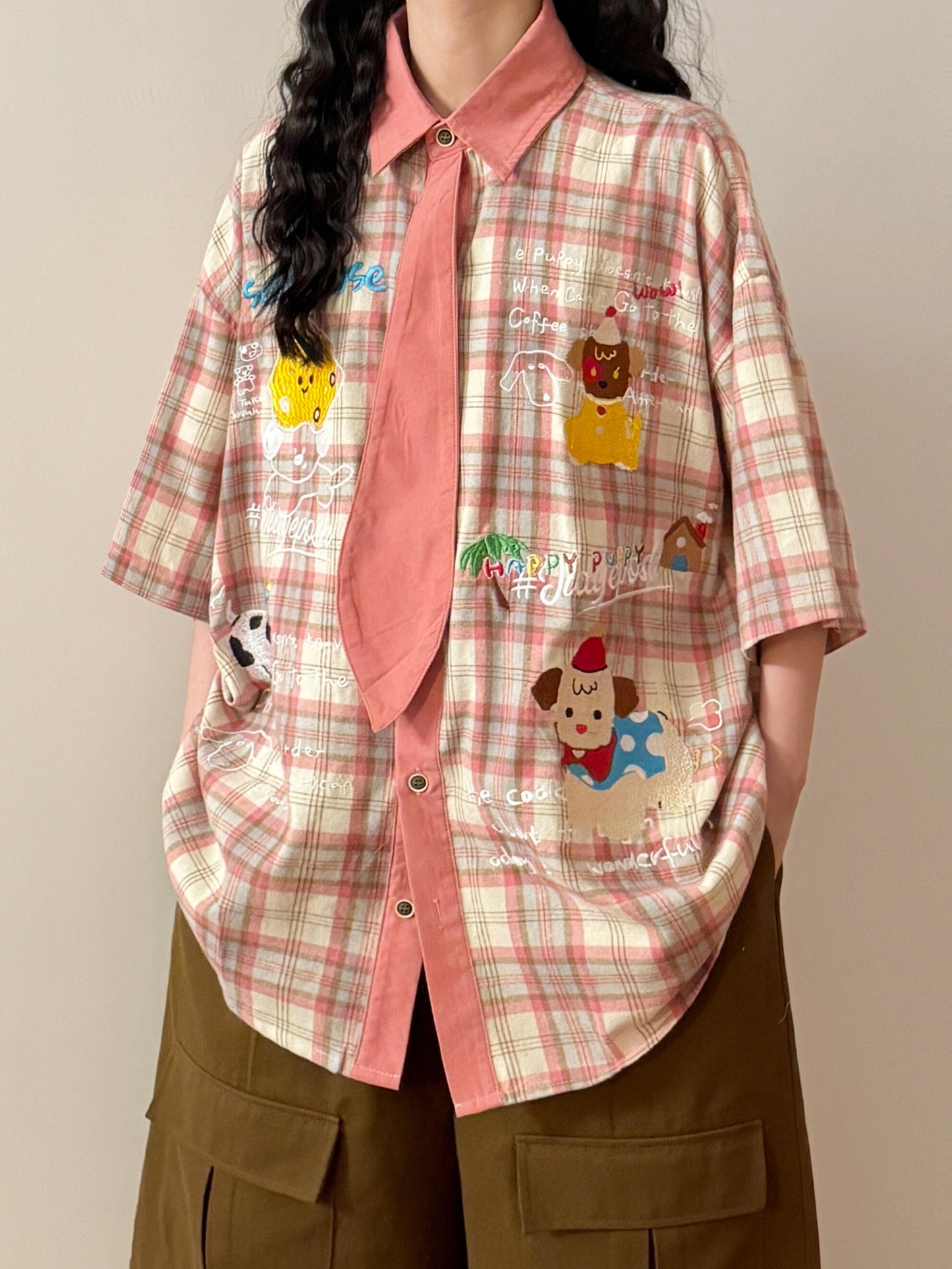 Summer Japanese Retro Fun Cartoon Embroidery Tie Plaid Casual Short Sleeve Shirt Tops Women