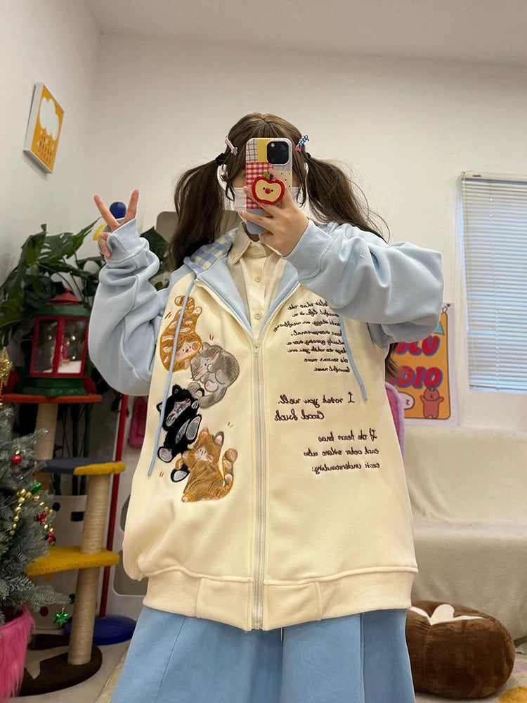 cute childlike original kitten embroidery contrast color raglan sleeve fleece hooded sweatshirt autumn and winter new