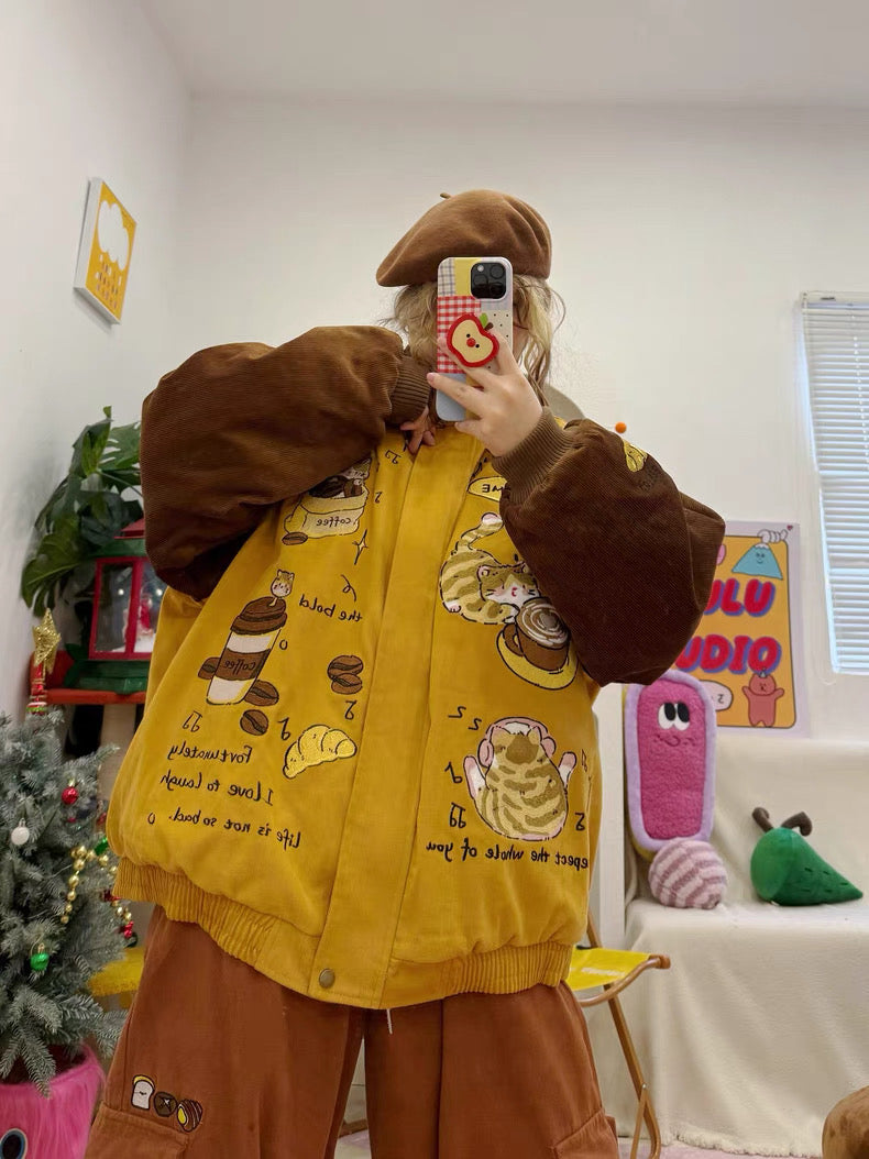 Retro contrast color Maillard embroidery heavy kitten loose baseball jacket cotton jacket men and women