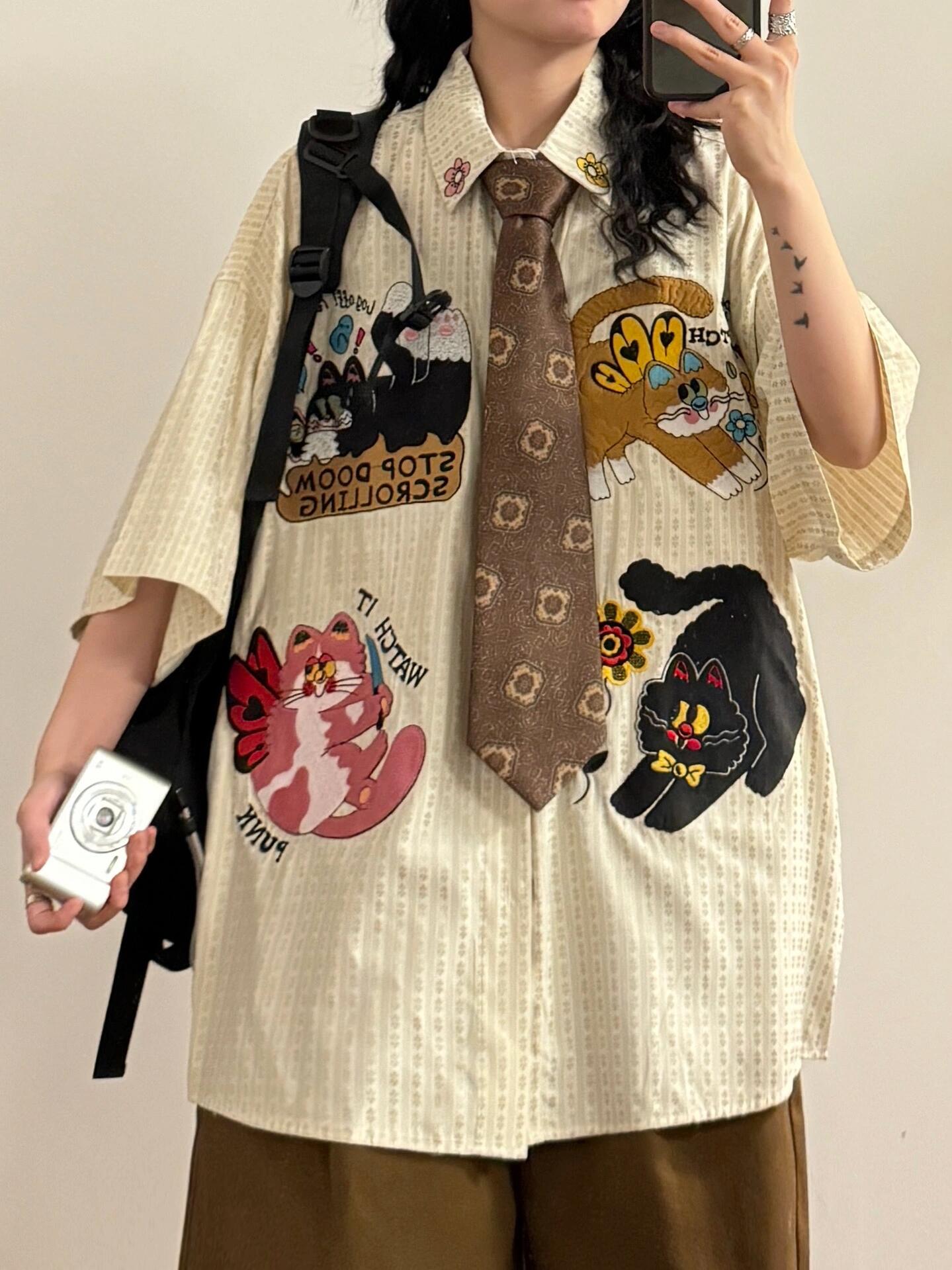 Summer Japanese Retro Personality Fun Cartoon Embroidery Floral Striped Short Sleeve Shirt Tops