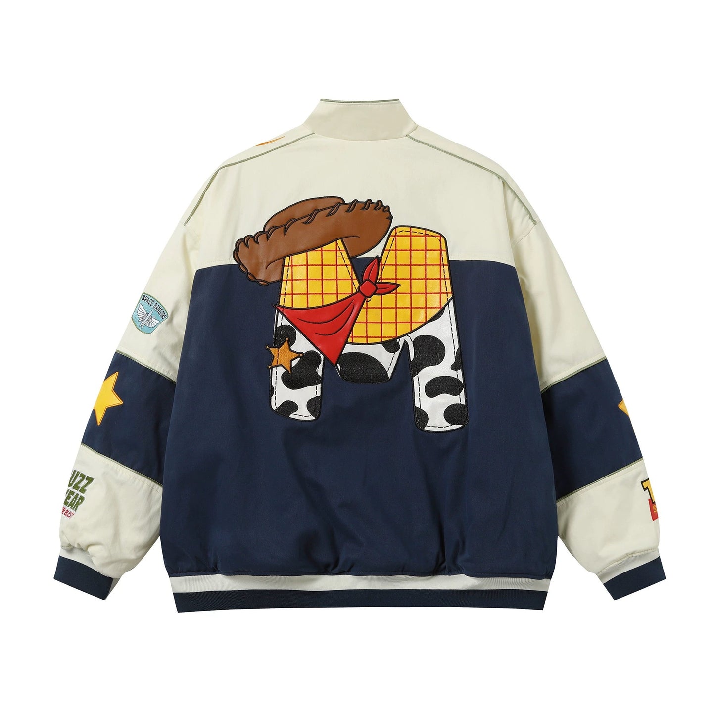 Retro childlike cartoon heavy embroidery contrast color unisex couple loose cotton coat jacket