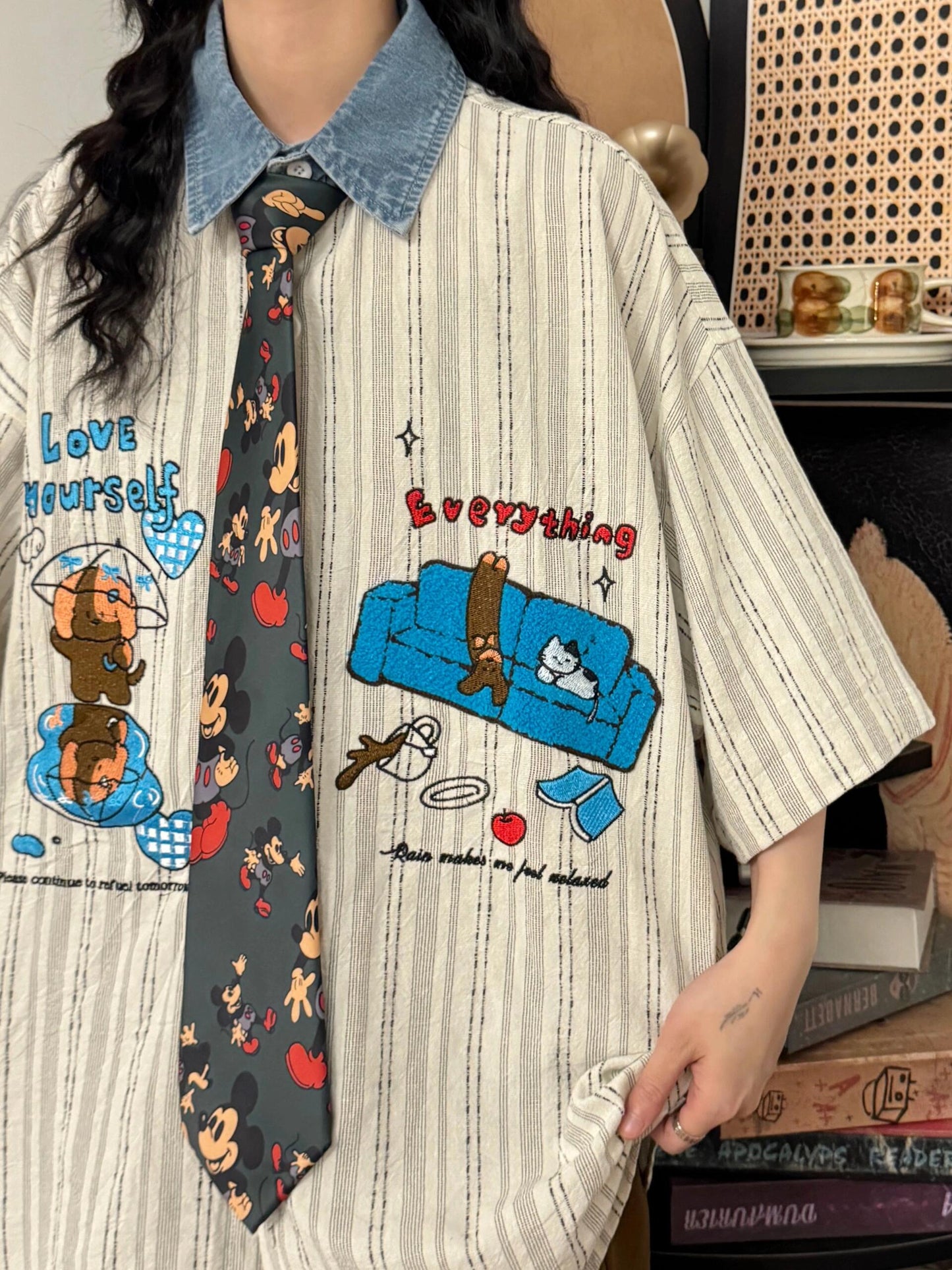 studio fun sofa puppy cat cartoon embroidered short-sleeved shirt summer loose college style shirt
