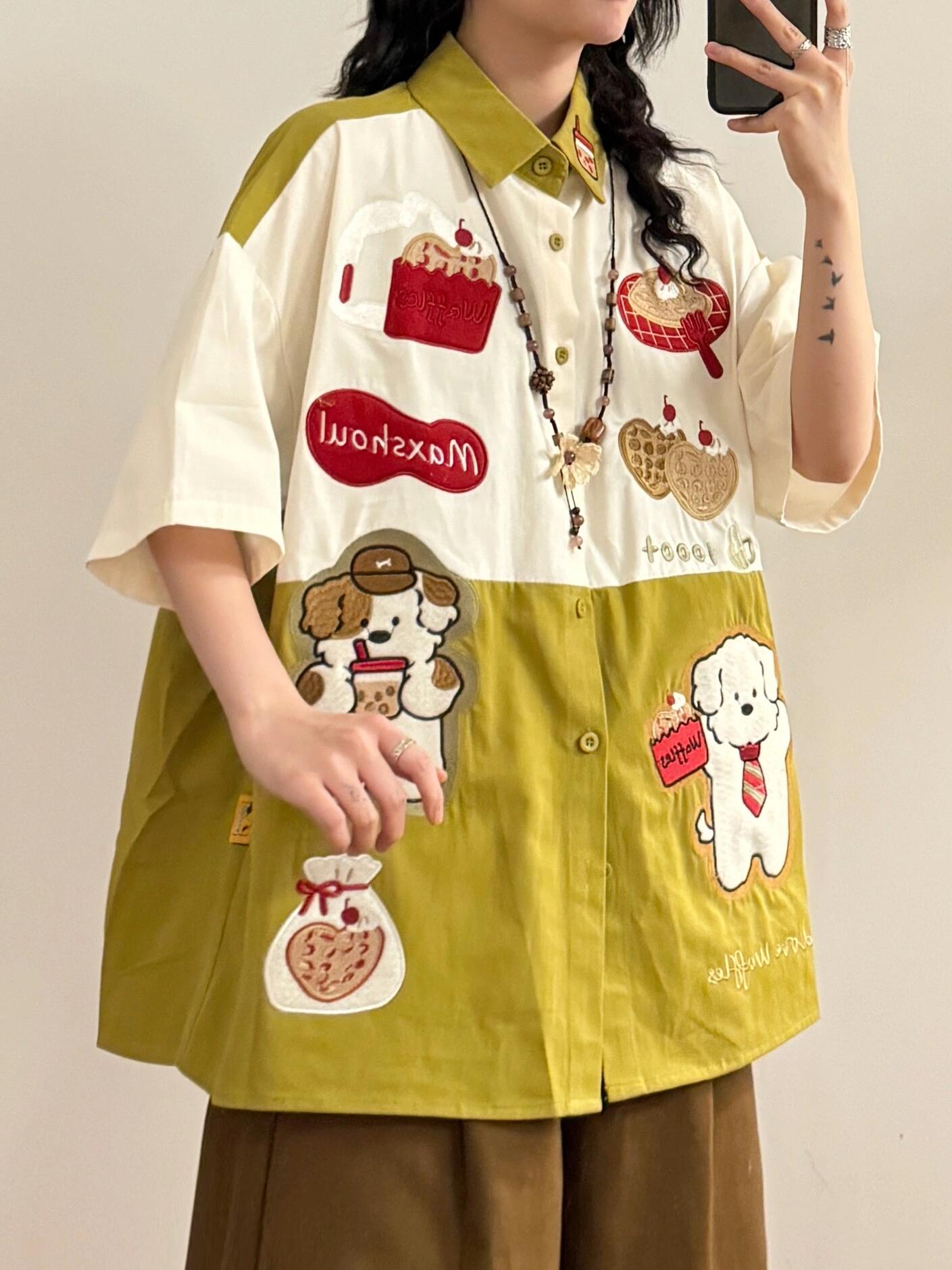 original puppy embroidery contrast color heavy loose large size short-sleeved shirt tops summer new trend