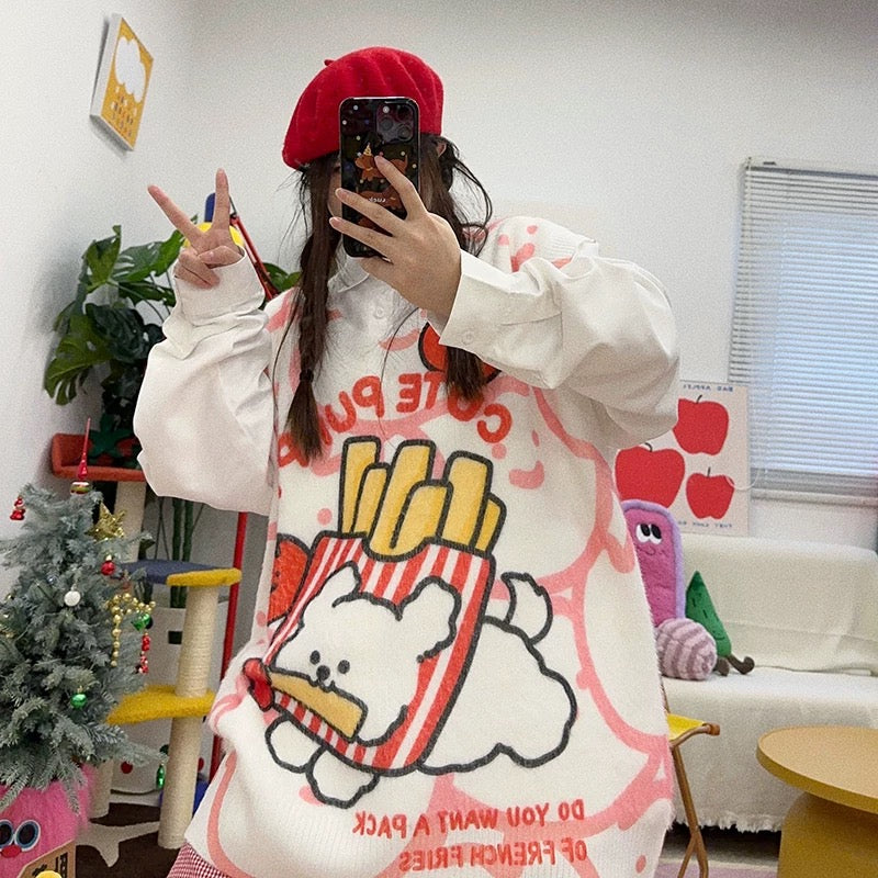 Vest with a pattern of French fries and a cute,Oversize sweater🍟🐶
