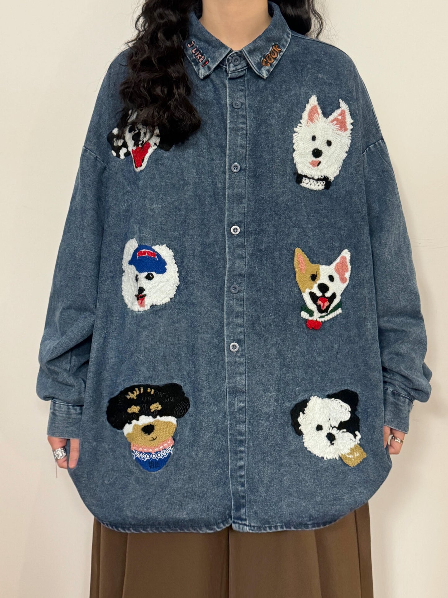 Summer American Retro Childlike Cartoon Dog Towel Embroidery Long Sleeve Shirt Tops Women's Trend