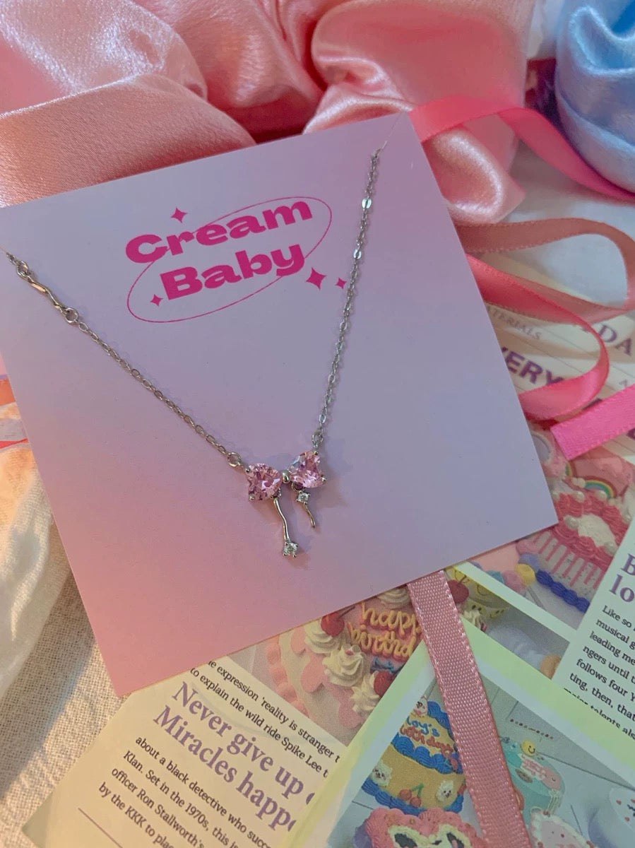 Sweet girl representative pink bow tassel necklace new niche design S925π