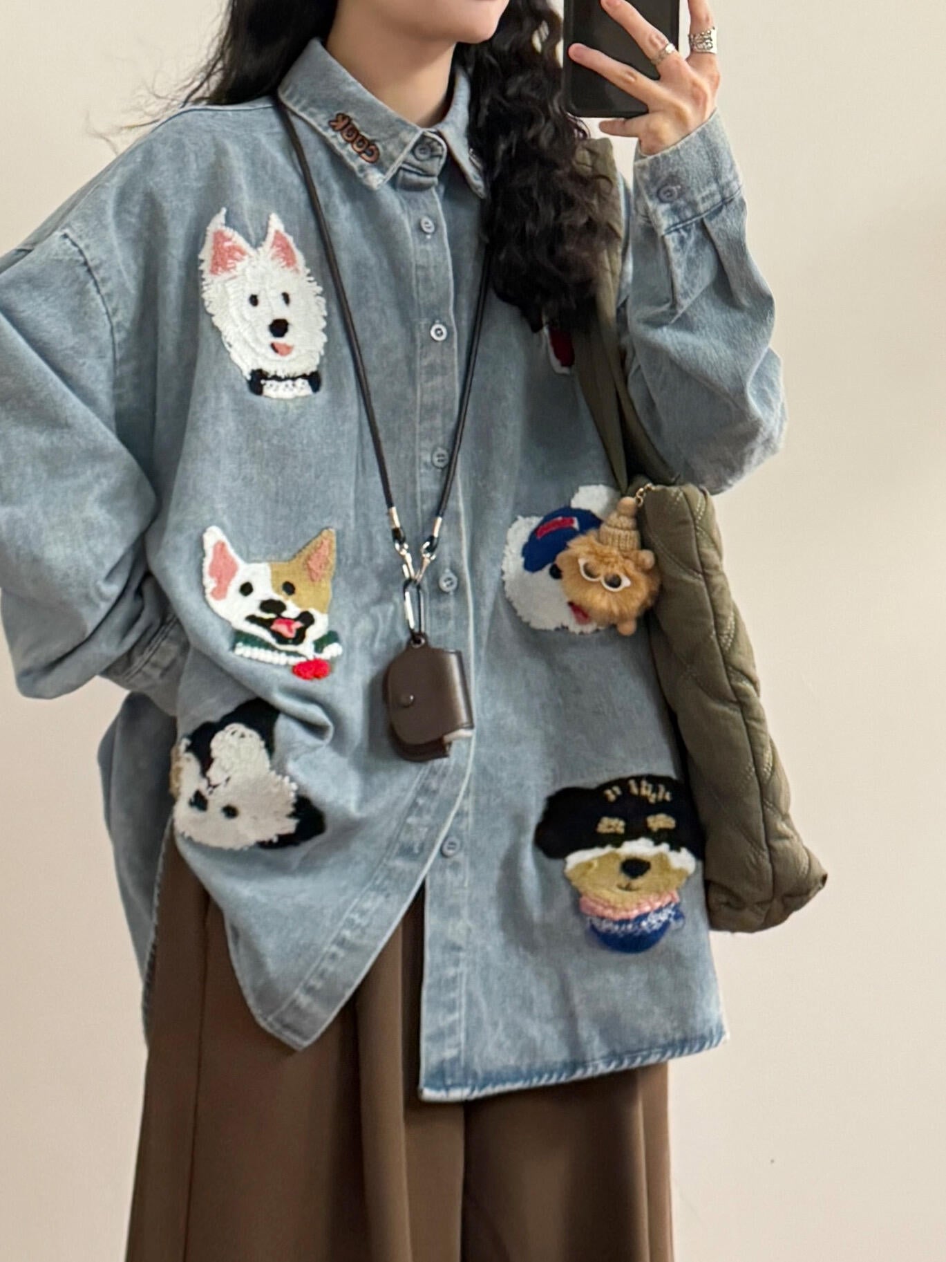 Summer American Retro Childlike Cartoon Dog Towel Embroidery Long Sleeve Shirt Tops Women's Trend
