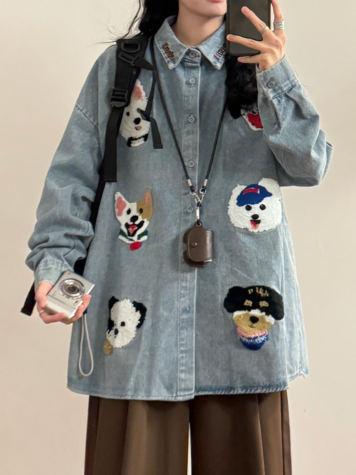 Summer American Retro Childlike Cartoon Dog Towel Embroidery Long Sleeve Shirt Tops Women's Trend