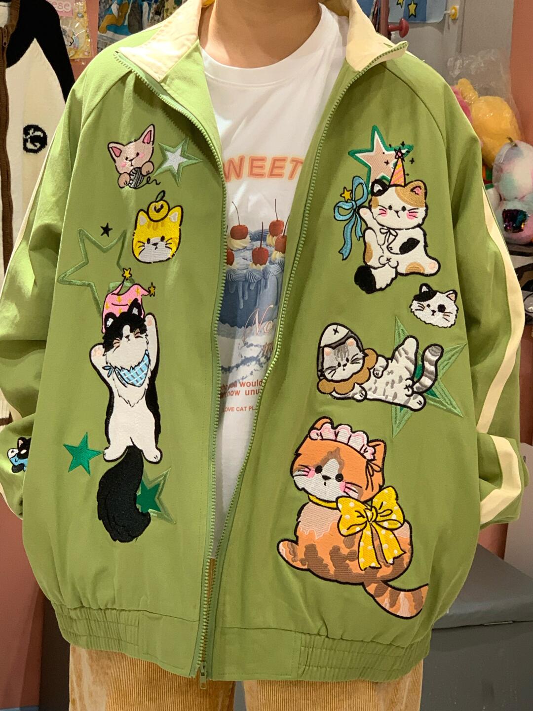 Cute kitten embroidery retro avocado green contrast color stand collar jacket autumn and winter new