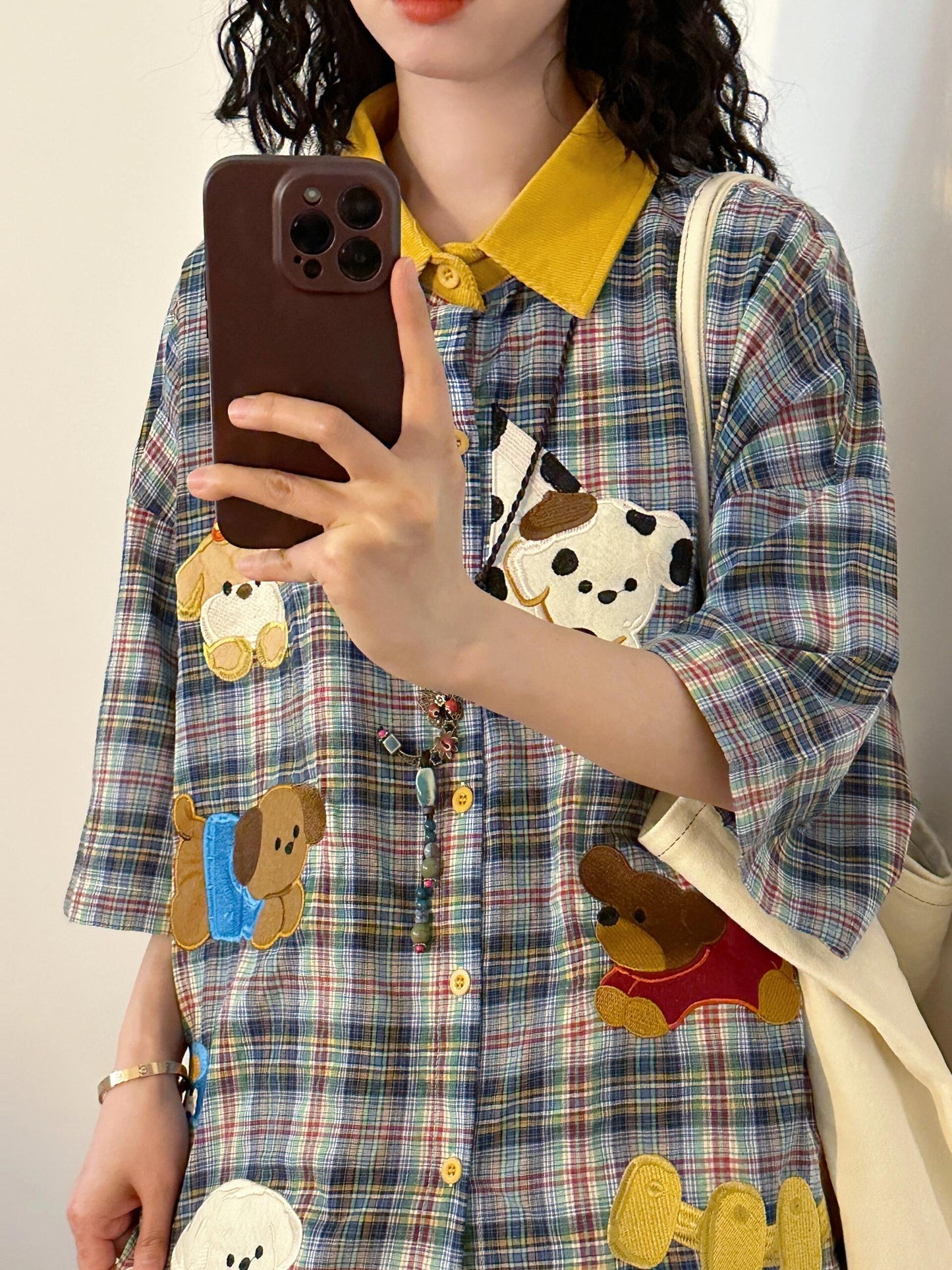 retro puppy embroidery plaid contrast color short-sleeved shirt loose large size half-sleeved top summer men and women