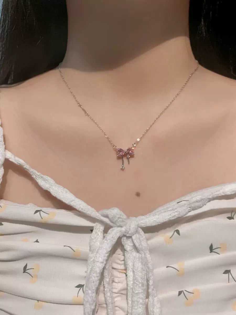 Sweet girl representative pink bow tassel necklace new niche design S925π