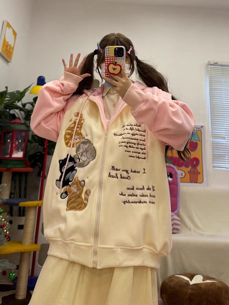 cute childlike original kitten embroidery contrast color raglan sleeve fleece hooded sweatshirt autumn and winter new