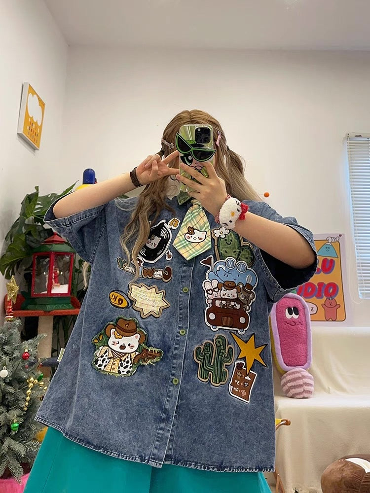 homemade cute cartoon embroidery washed loose large size short-sleeved denim shirt shirt with tie summer
