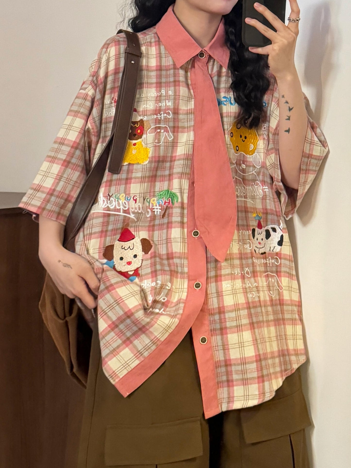 Summer Japanese Retro Fun Cartoon Embroidery Tie Plaid Casual Short Sleeve Shirt Tops Women