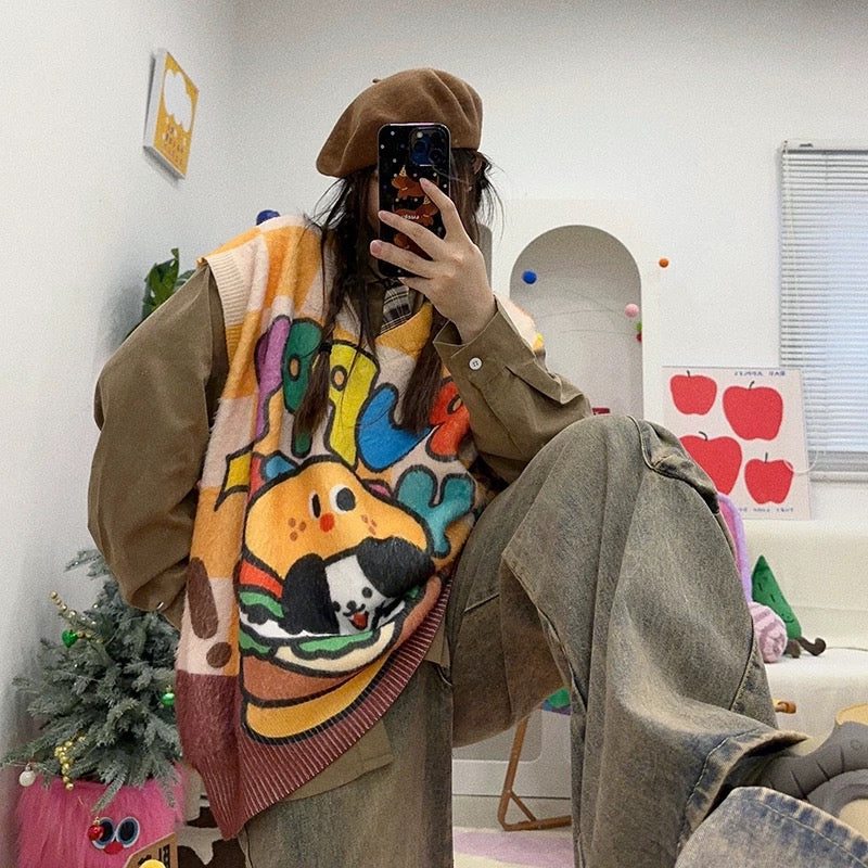 Innocent cute puppy burger pattern vest oversize oversized sweater🐶🍔