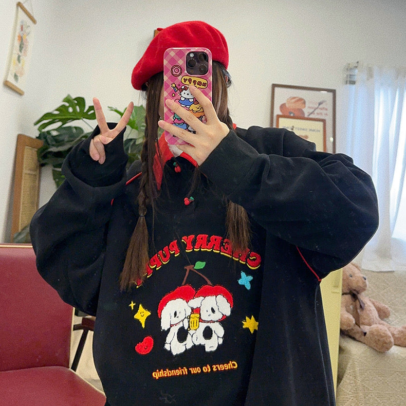 🍒Cute childlike retro contrasting color cherry plush puppy embroidered loose pullover sweatshirt top autumn and winter