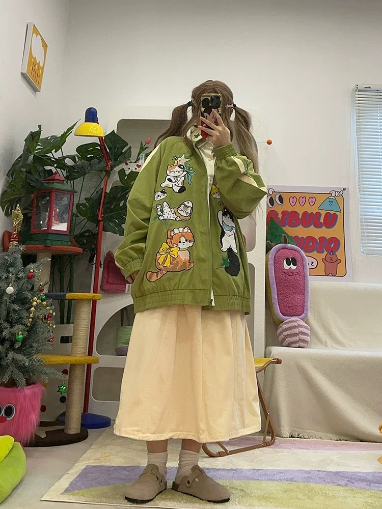 Cute kitten embroidery retro avocado green contrast color stand collar jacket autumn and winter new