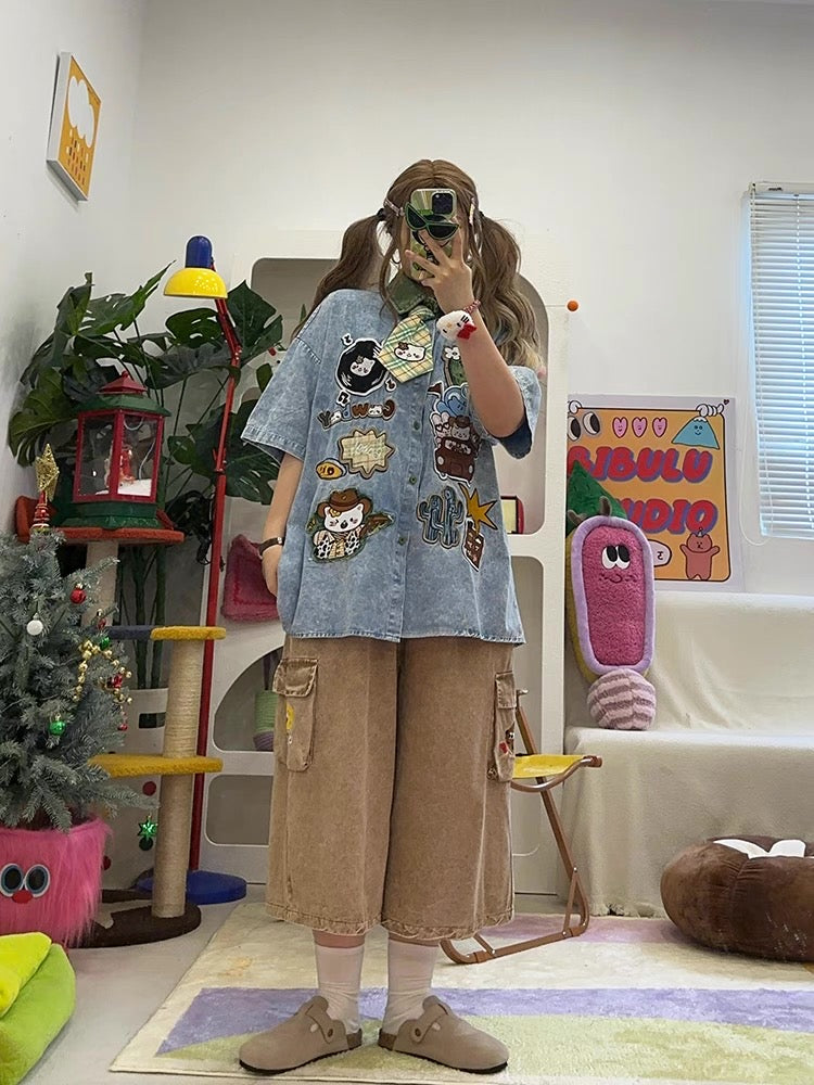 homemade cute cartoon embroidery washed loose large size short-sleeved denim shirt shirt with tie summer