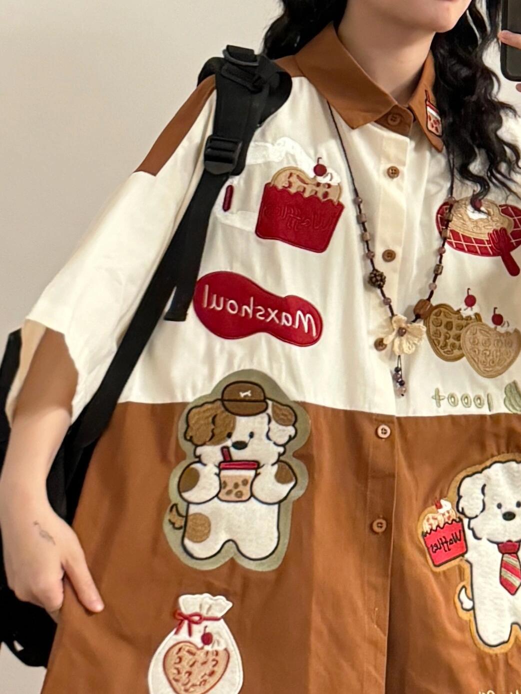 original puppy embroidery contrast color heavy loose large size short-sleeved shirt tops summer new trend