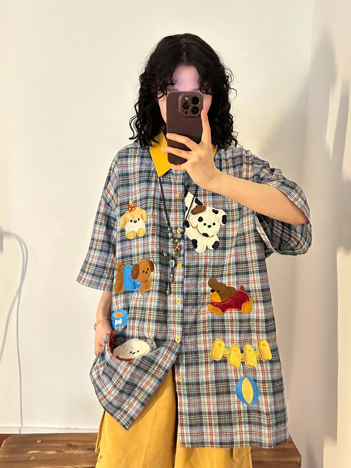 retro puppy embroidery plaid contrast color short-sleeved shirt loose large size half-sleeved top summer men and women