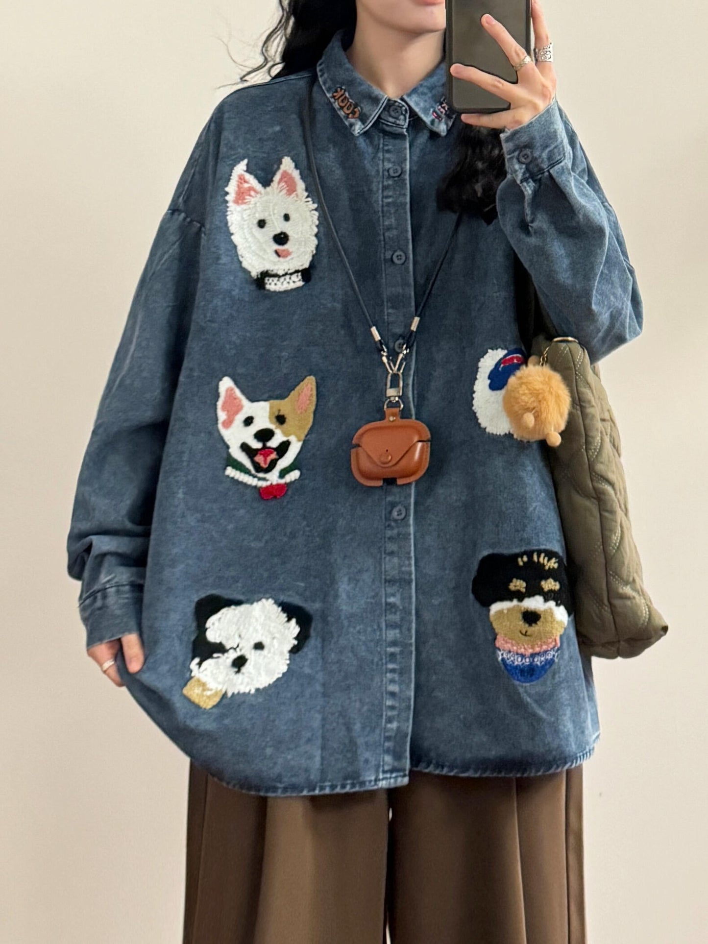 Summer American Retro Childlike Cartoon Dog Towel Embroidery Long Sleeve Shirt Tops Women's Trend