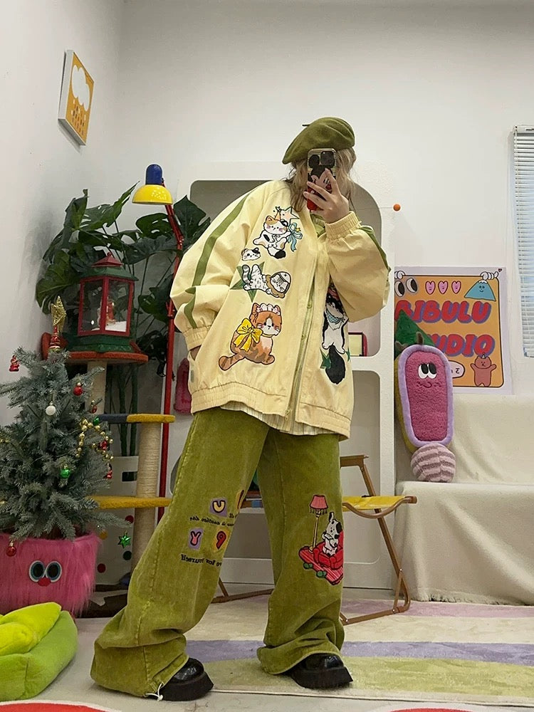 Cute kitten embroidery retro avocado green contrast color stand collar jacket autumn and winter new