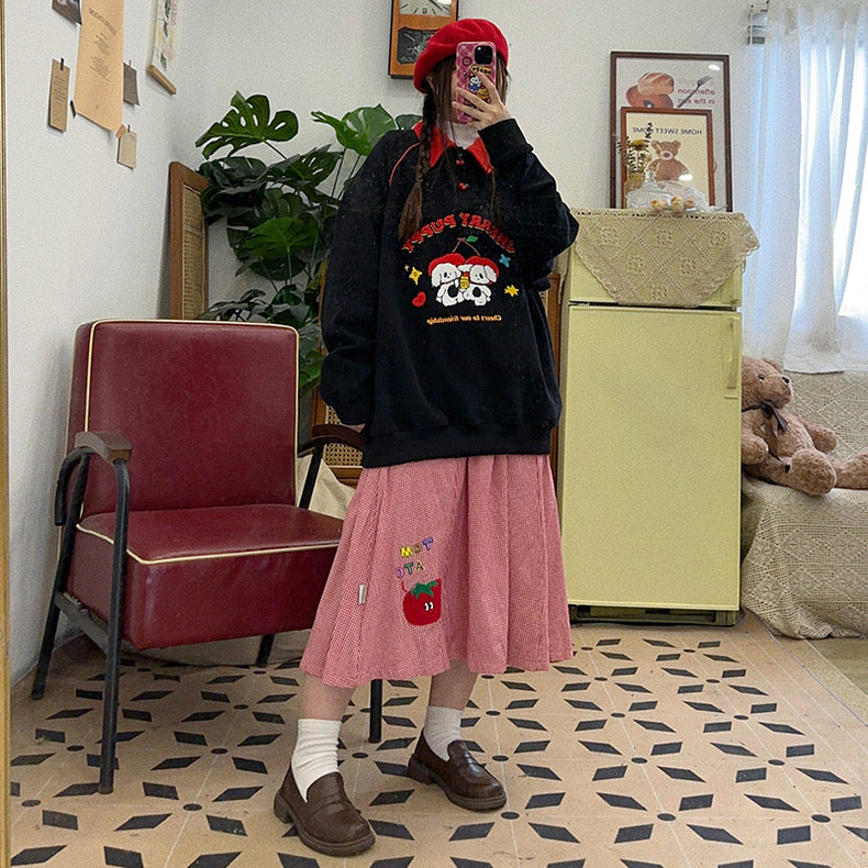 🍒Cute childlike retro contrasting color cherry plush puppy embroidered loose pullover sweatshirt top autumn and winter