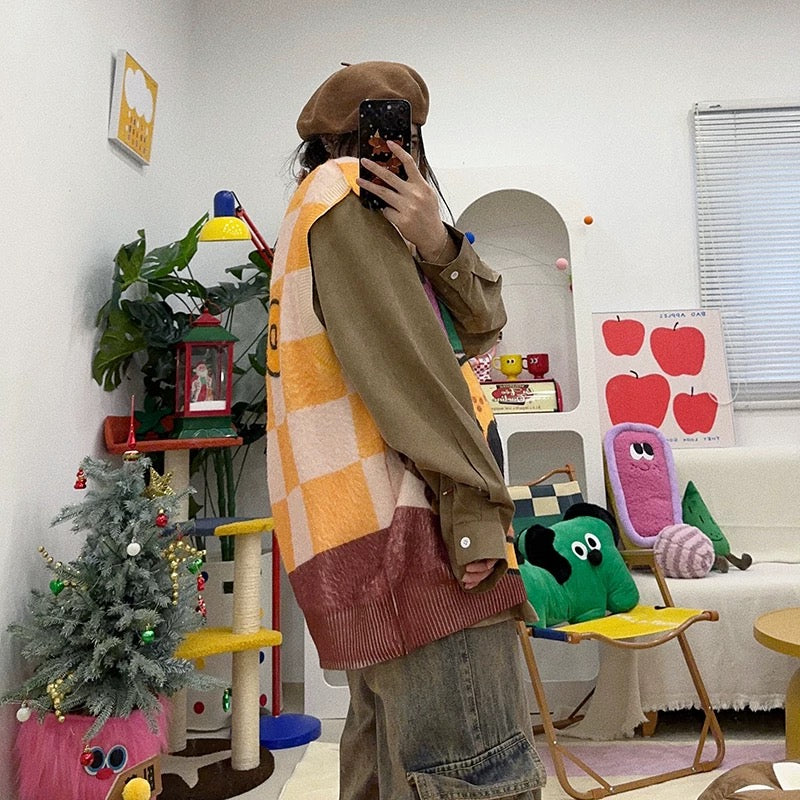 Innocent cute puppy burger pattern vest oversize oversized sweater🐶🍔