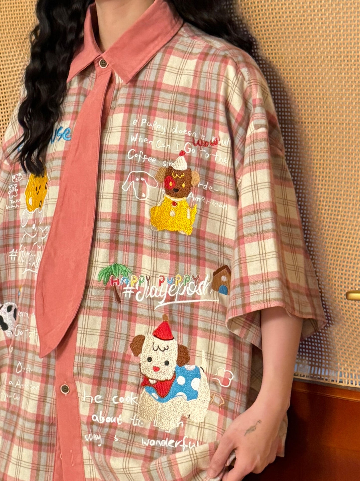 Summer Japanese Retro Fun Cartoon Embroidery Tie Plaid Casual Short Sleeve Shirt Tops Women