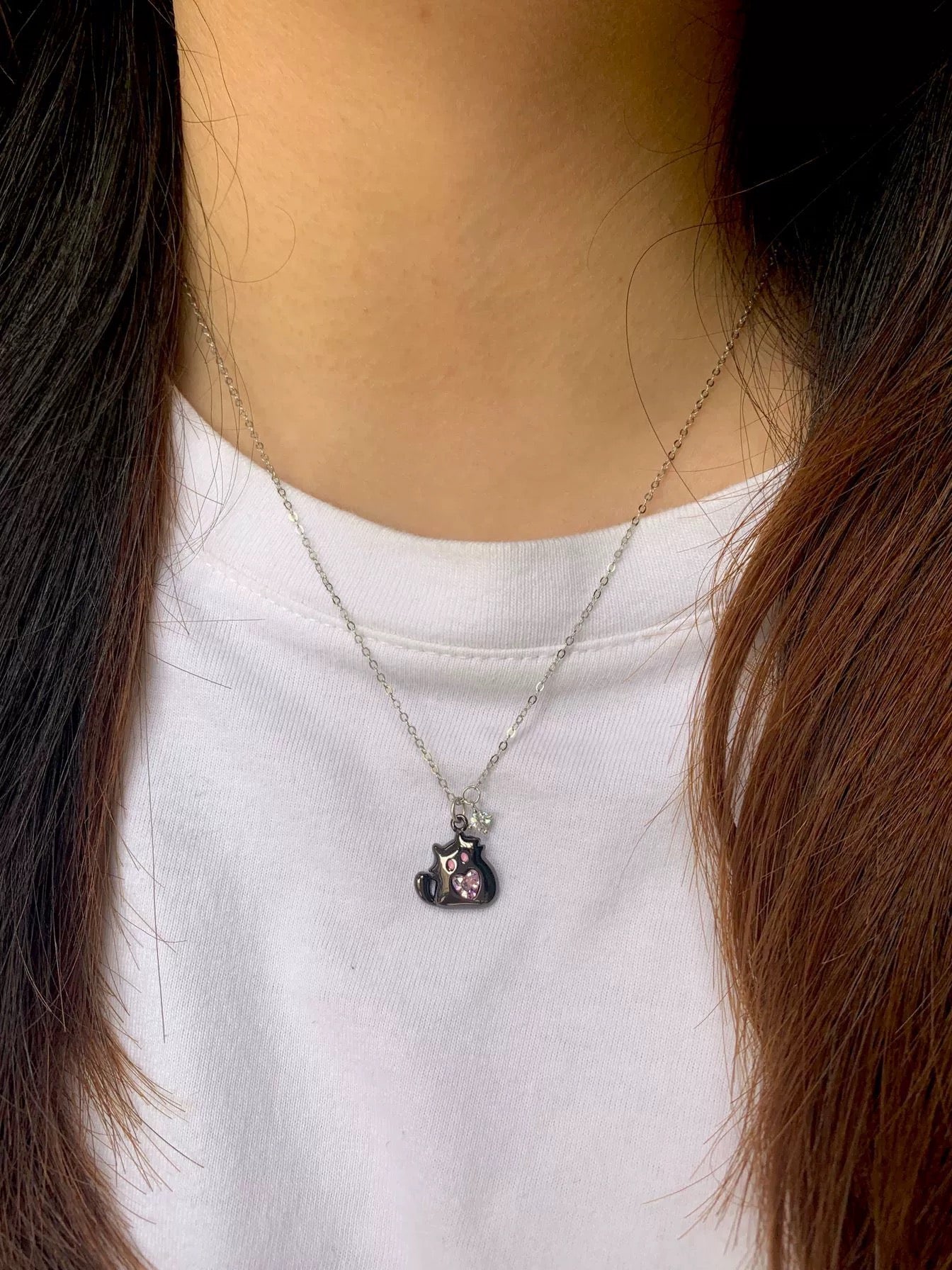 Black kitten necklace Pink pendant, 925 sterling silver💓💗