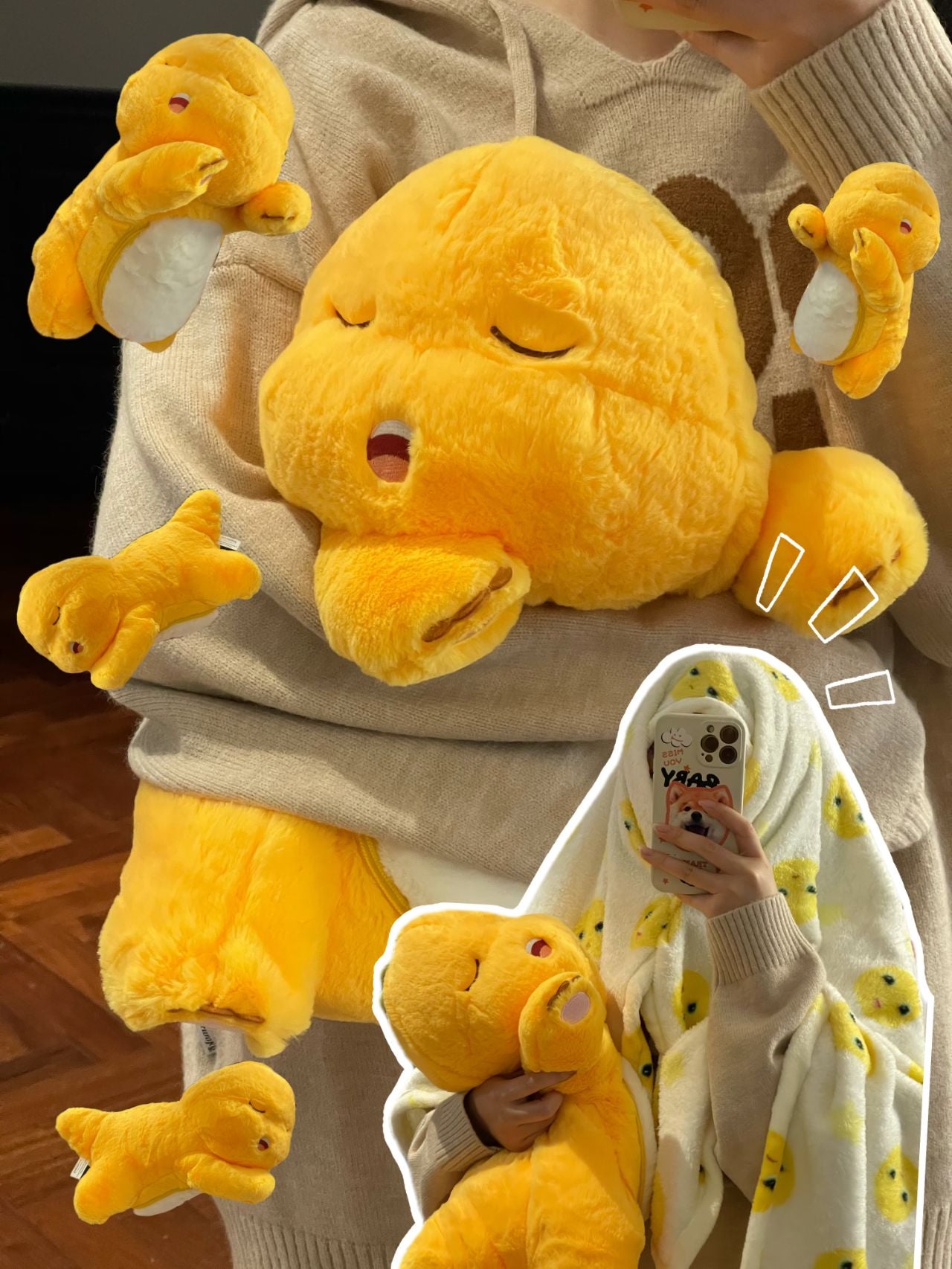 Yellow dinosaur doll with blanket ๐