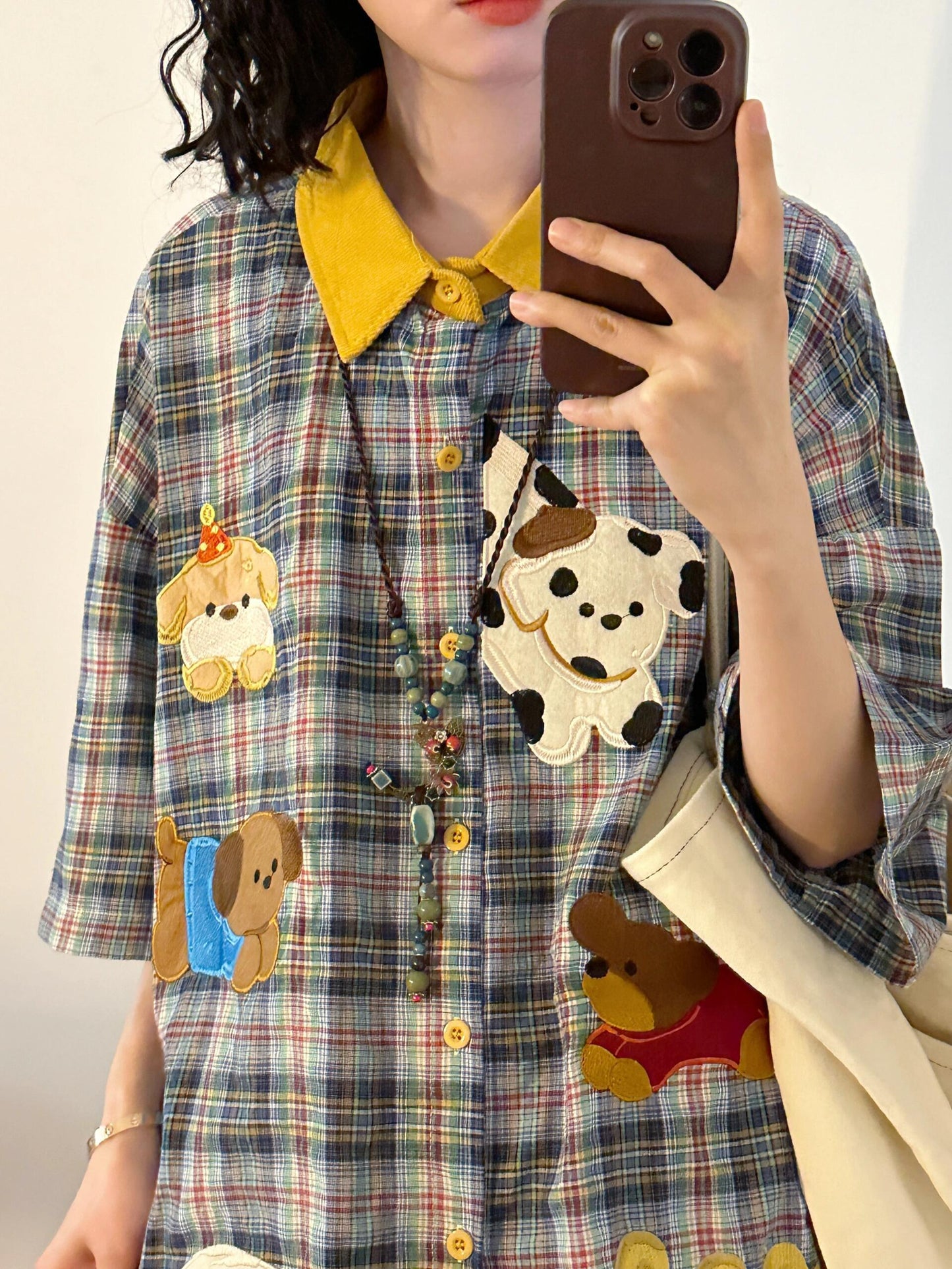 retro puppy embroidery plaid contrast color short-sleeved shirt loose large size half-sleeved top summer men and women
