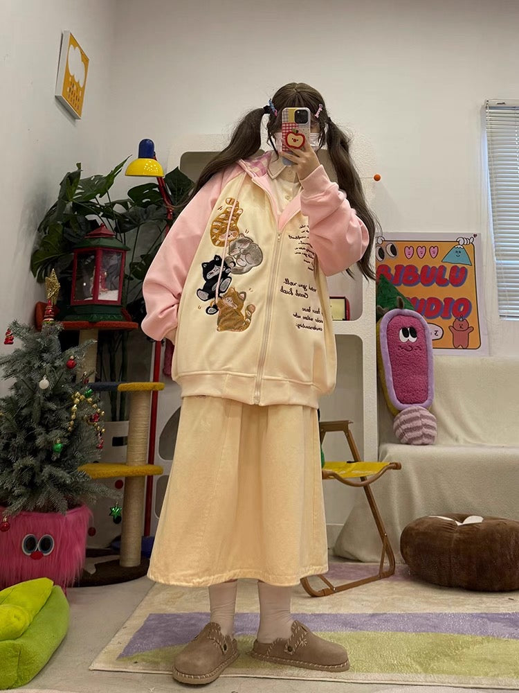 cute childlike original kitten embroidery contrast color raglan sleeve fleece hooded sweatshirt autumn and winter new