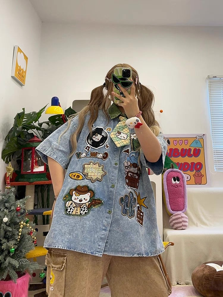 homemade cute cartoon embroidery washed loose large size short-sleeved denim shirt shirt with tie summer