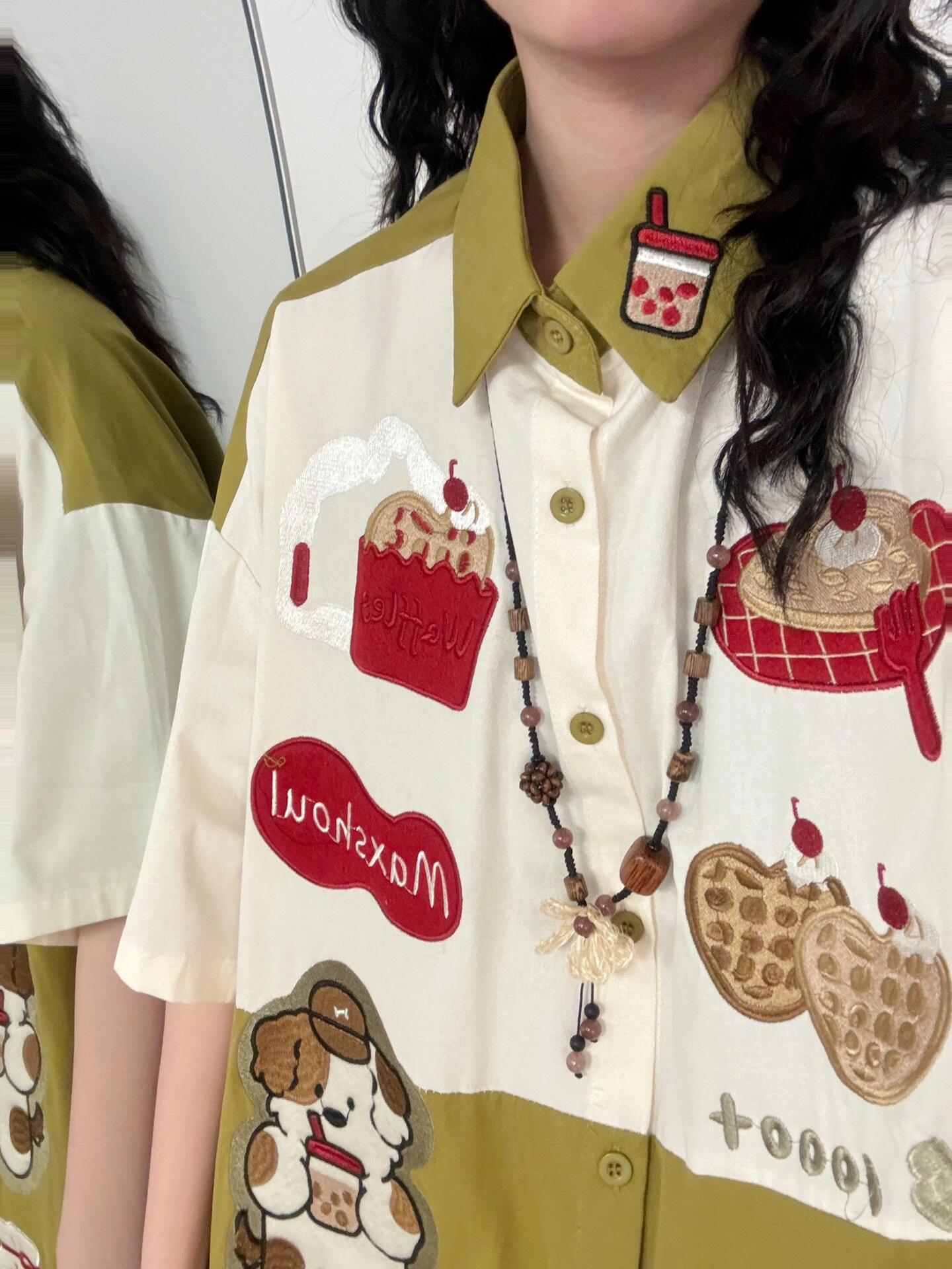 original puppy embroidery contrast color heavy loose large size short-sleeved shirt tops summer new trend
