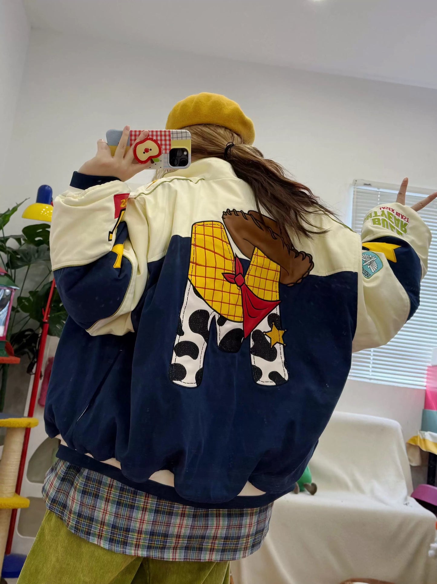Retro childlike cartoon heavy embroidery contrast color unisex couple loose cotton coat jacket