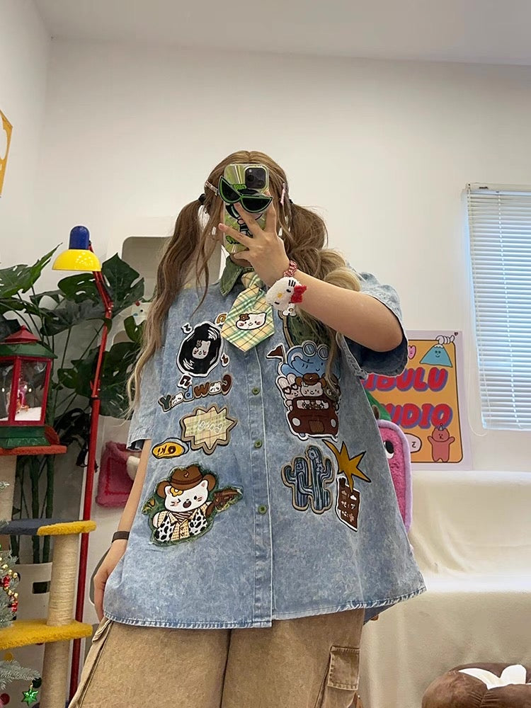 homemade cute cartoon embroidery washed loose large size short-sleeved denim shirt shirt with tie summer