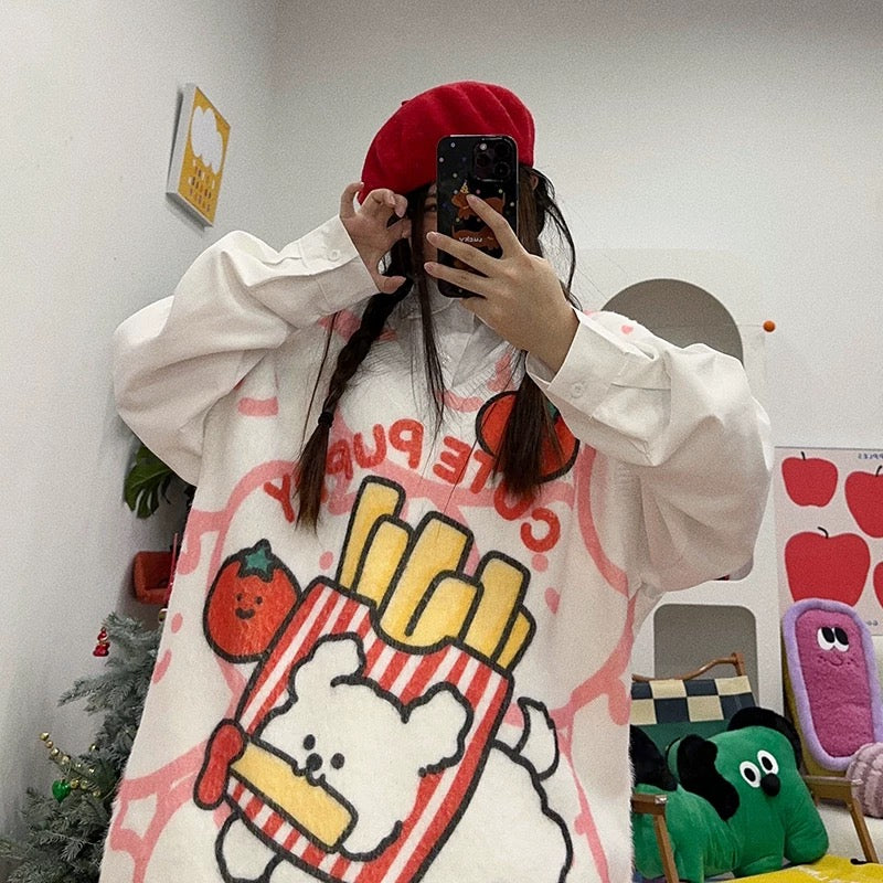 Vest with a pattern of French fries and a cute,Oversize sweater🍟🐶