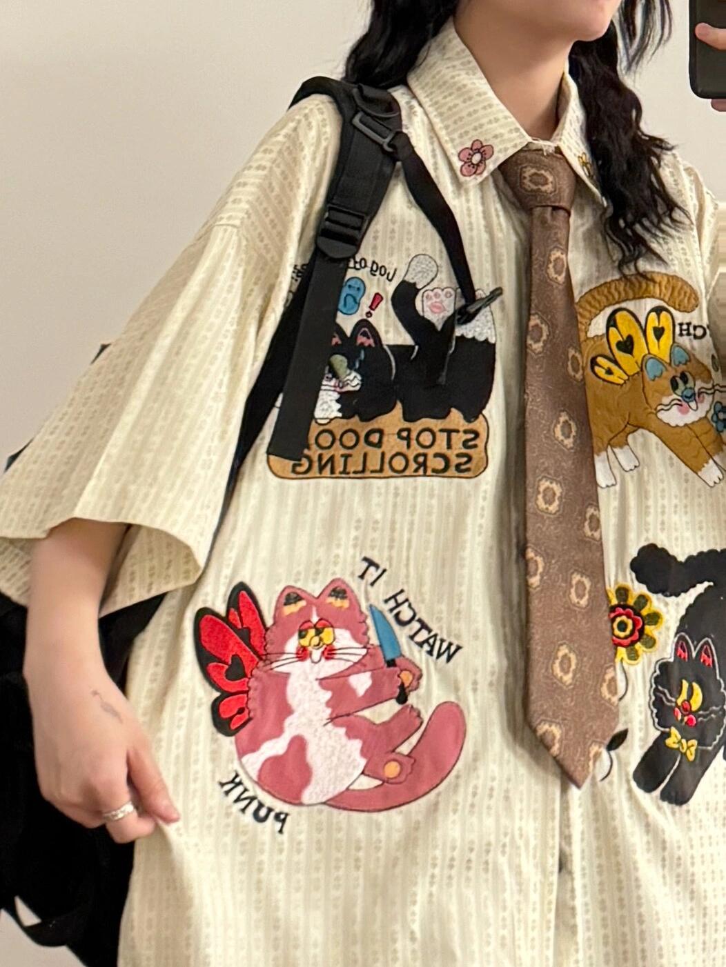 Summer Japanese Retro Personality Fun Cartoon Embroidery Floral Striped Short Sleeve Shirt Tops