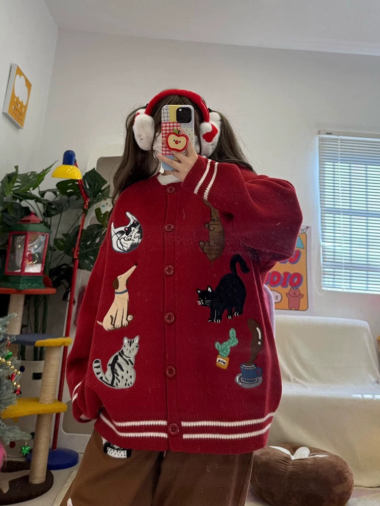 Vintage Angora Red Coffee Embroidery Loose Round Neck Button Cardigan Sweater Top Autumn and Winter Thick Wool