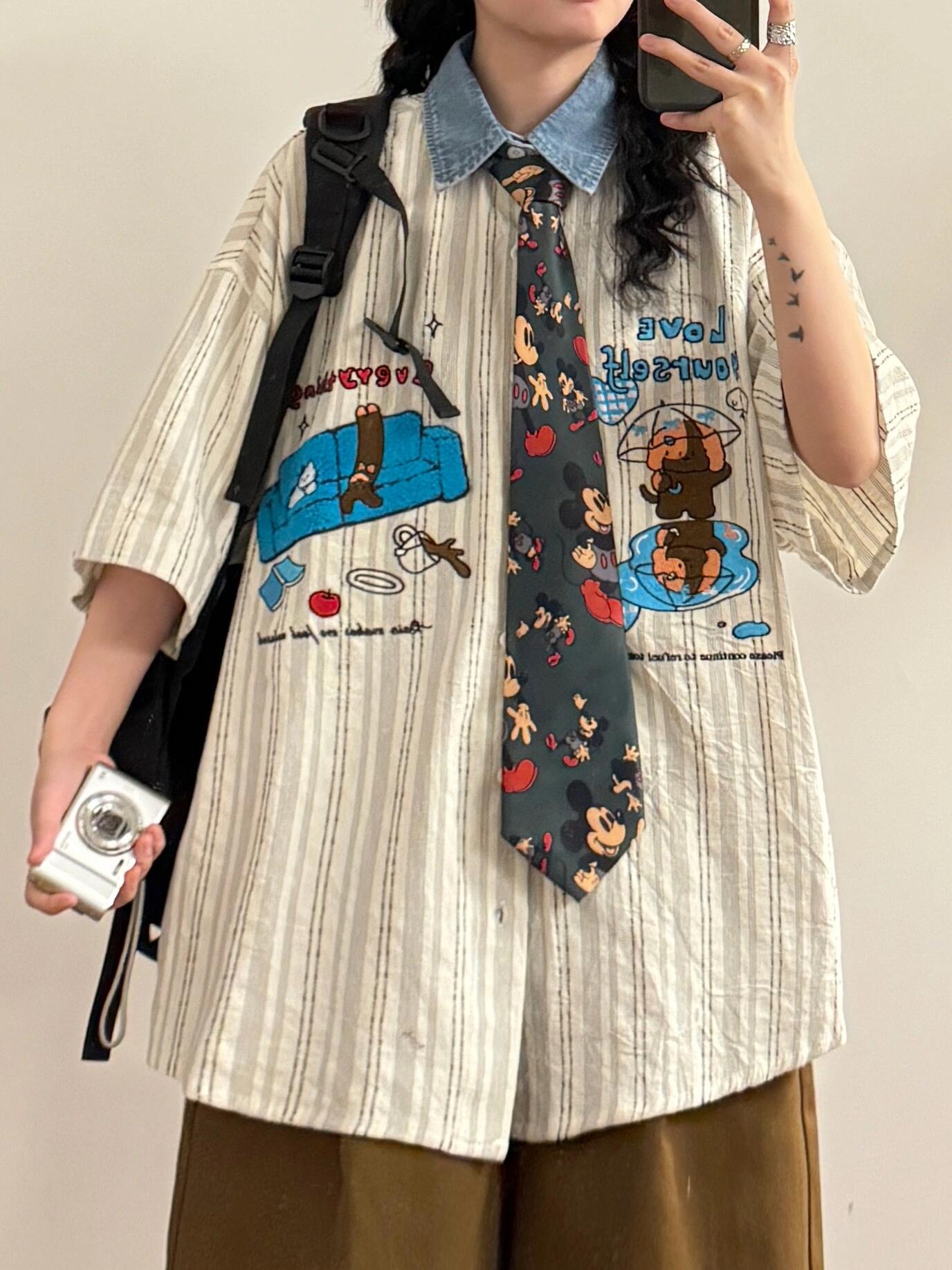 studio fun sofa puppy cat cartoon embroidered short-sleeved shirt summer loose college style shirt