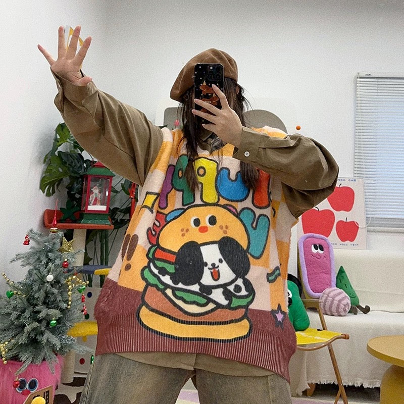 Innocent cute puppy burger pattern vest oversize oversized sweater🐶🍔