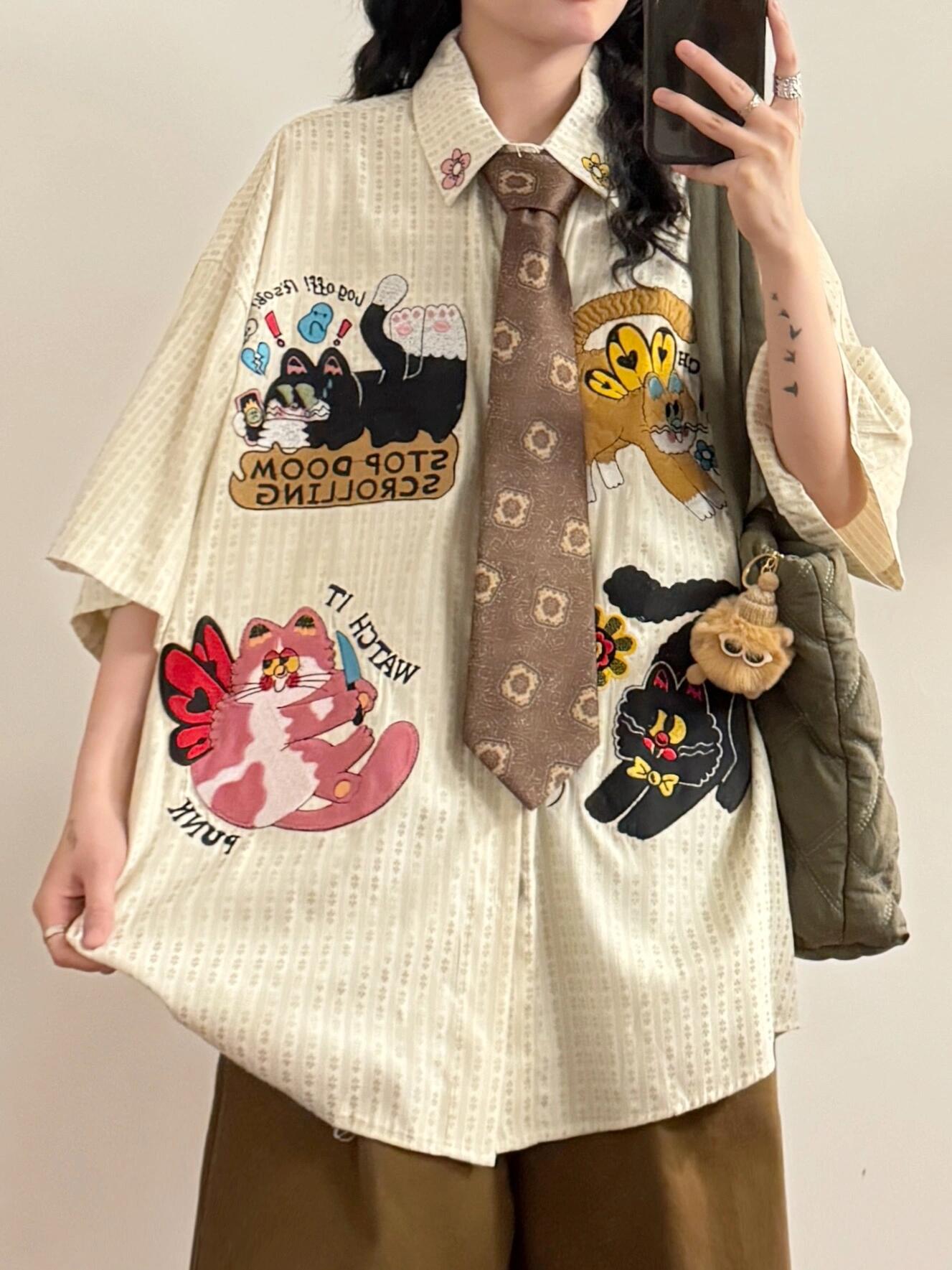 Summer Japanese Retro Personality Fun Cartoon Embroidery Floral Striped Short Sleeve Shirt Tops