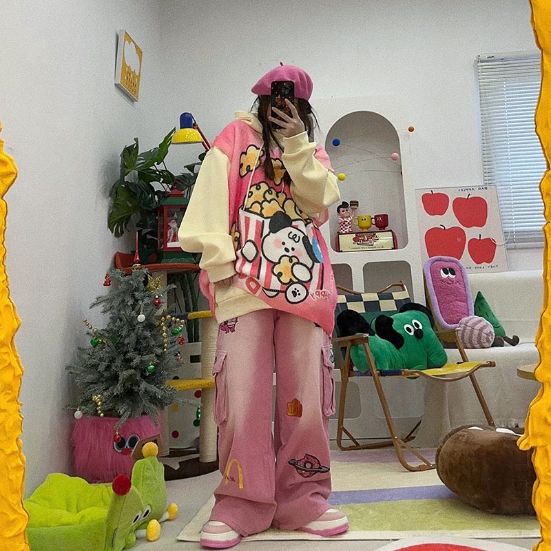 Vest with dog pattern and popcorn bucket, oversize shirt🍿🐶
