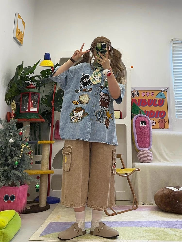homemade cute cartoon embroidery washed loose large size short-sleeved denim shirt shirt with tie summer