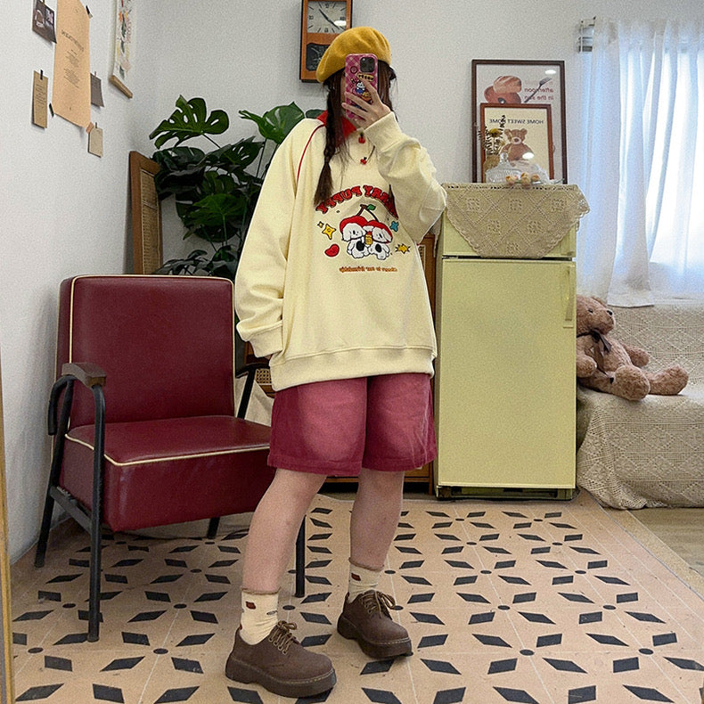 🍒Cute childlike retro contrasting color cherry plush puppy embroidered loose pullover sweatshirt top autumn and winter