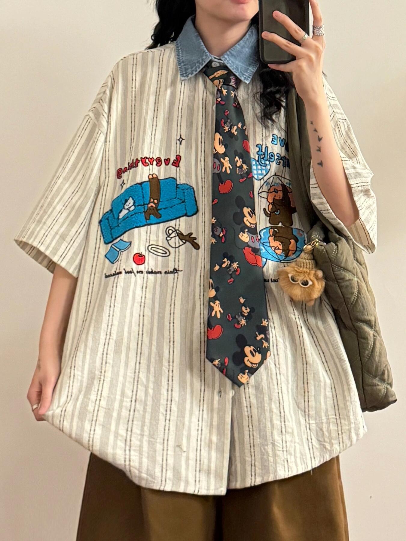 studio fun sofa puppy cat cartoon embroidered short-sleeved shirt summer loose college style shirt