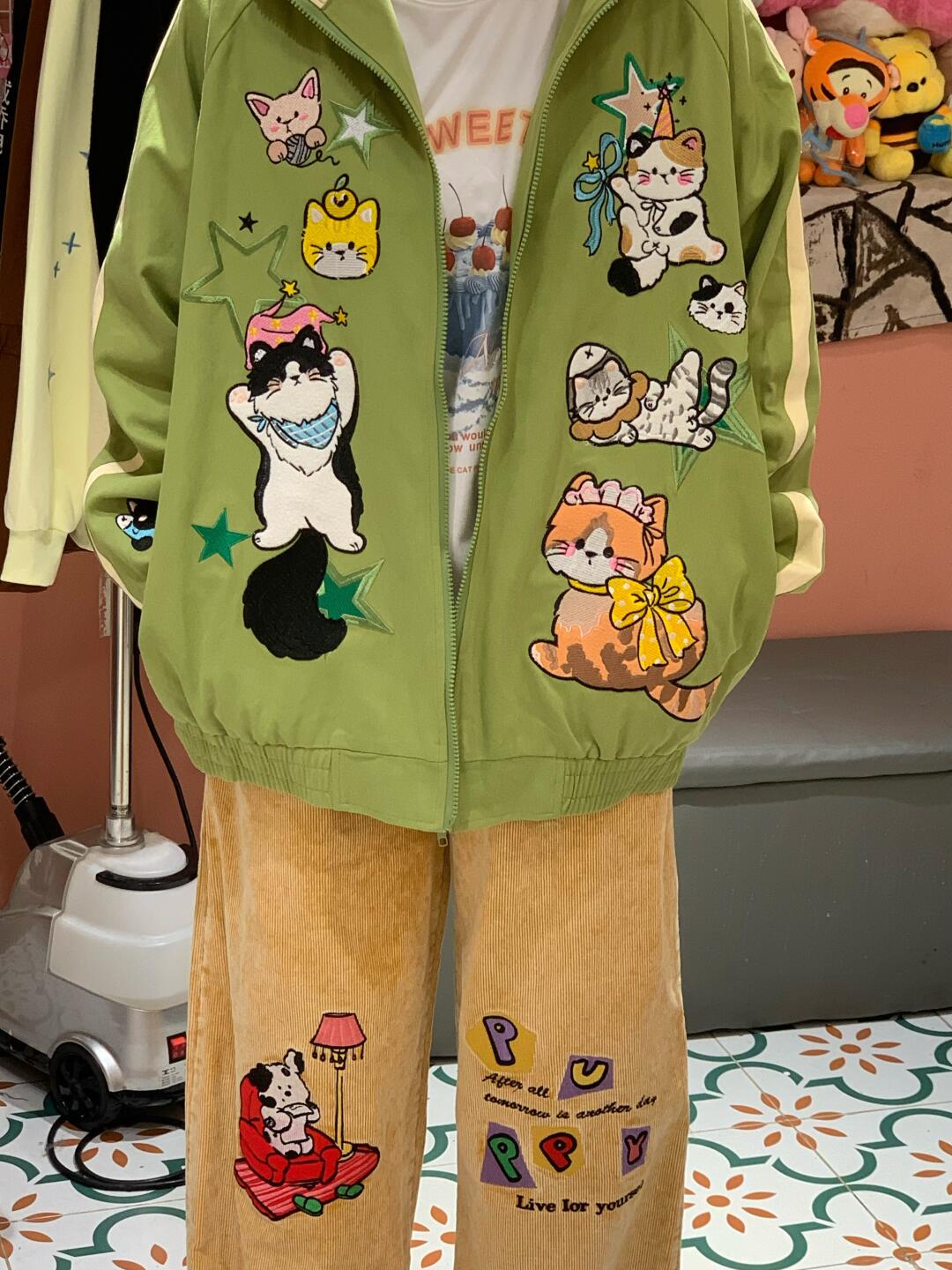 Cute kitten embroidery retro avocado green contrast color stand collar jacket autumn and winter new